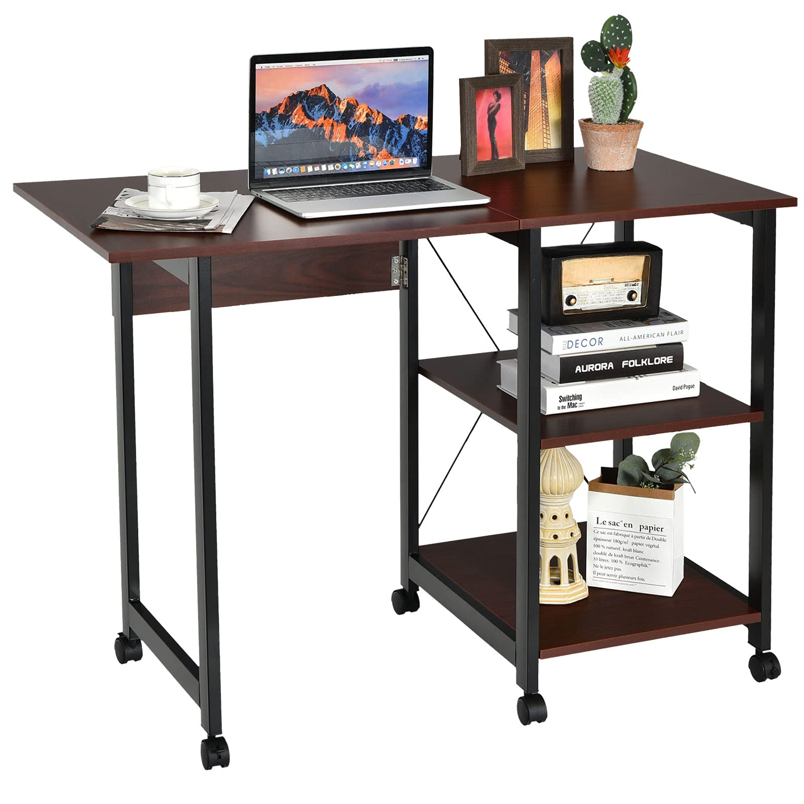 Bureau d'ordinateur pliable mobile Tangkula, bureau d'écriture moderne avec étagères de rangement à 2 niveaux